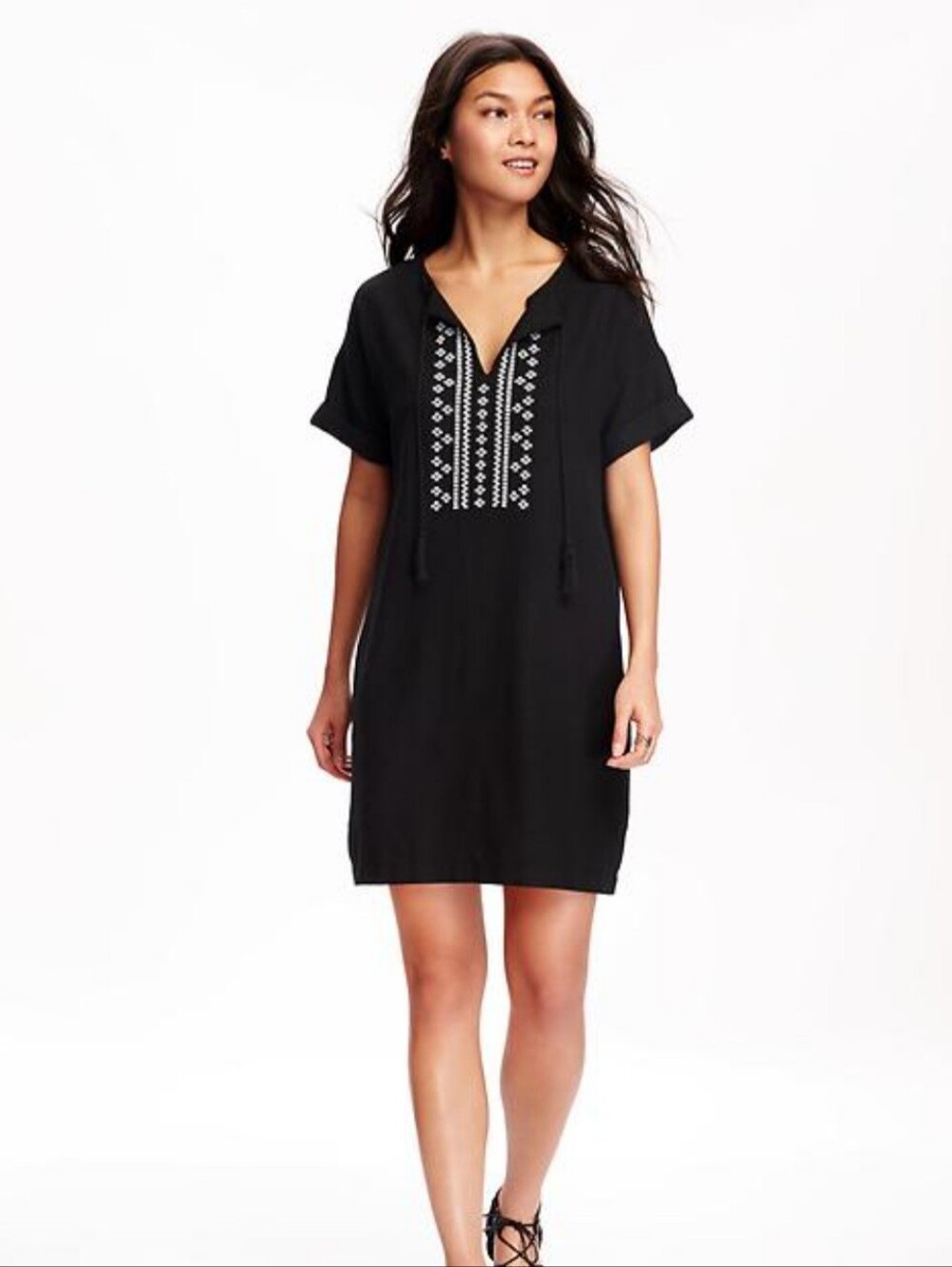 Old Navy Black Linen Blend Embroidered Boho Shift Dress Medium Tassel Tie Tunic